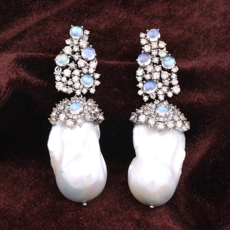 Natural Pearl Moonstone,Diamond Gemstone 925 Sterling Silver Earrings