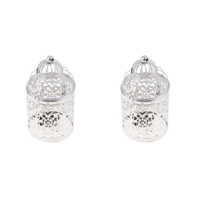 Guardoinrt Electroplated Metal Birdcage Shape Tea Light B- Candle Holder Silver Type B 2Set