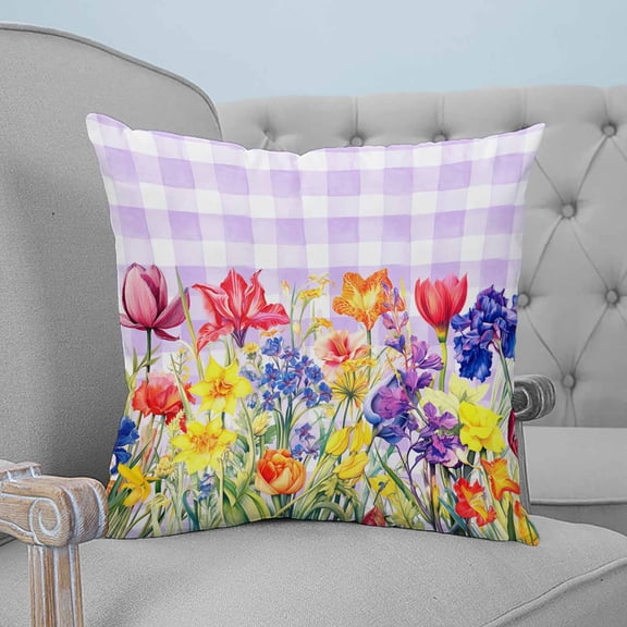 Purple Plaid Tulip Throw Pillow Covers, Soft Pillowcases with Invisible Zipper, Spring Floral Watercolor Botanical Decorative Square Pillow Cushion Covers for Living Room Couch Sofa Bed 24x24 Inches