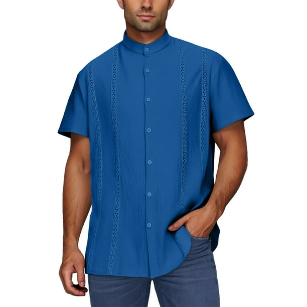 Camisa Elvqul para Hombre Azul Liso Playa Cuello Redondo Manga Corta