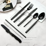 Hecef Portable Travel Cutlery Set, 9 Pcs Black Titanium Plating Reusable Stainless Steel Flatware