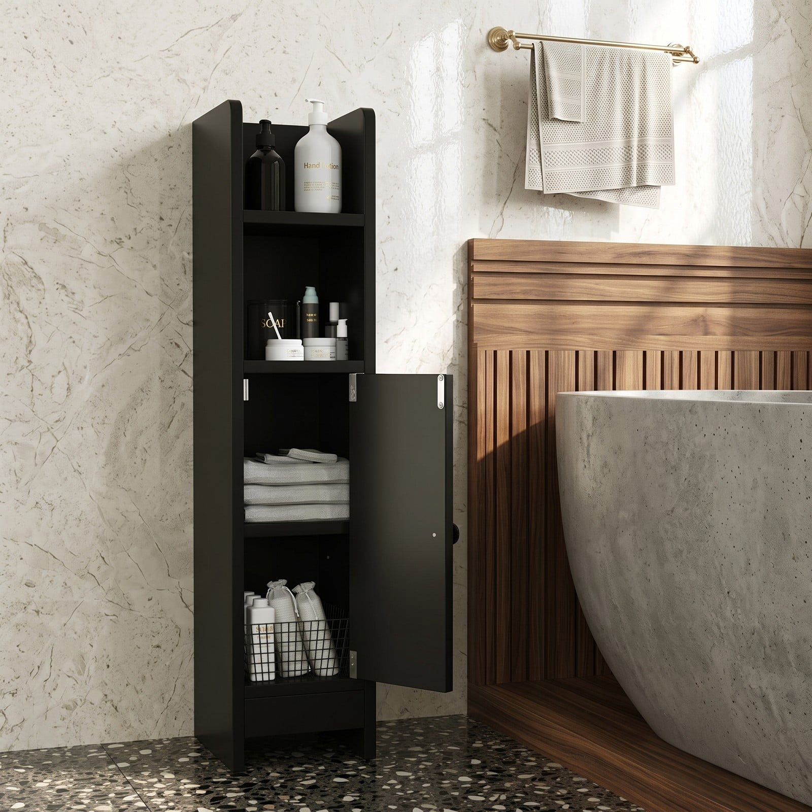 Fenbeli Slim Bathroom Corner Storage Cabinet, Freestanding Floor Cabinet with Door, Adjustable 3-Tier Shelf and Anti-Tipping Kit for Bathroom Laundry Room, Black
