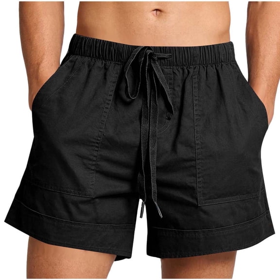 YLSDY Men's Summer Solid Linen Beach Shorts, Elastic Drawstring Waist Multi-Pocket, Lightweight Vacation Casual Trousers Black S
