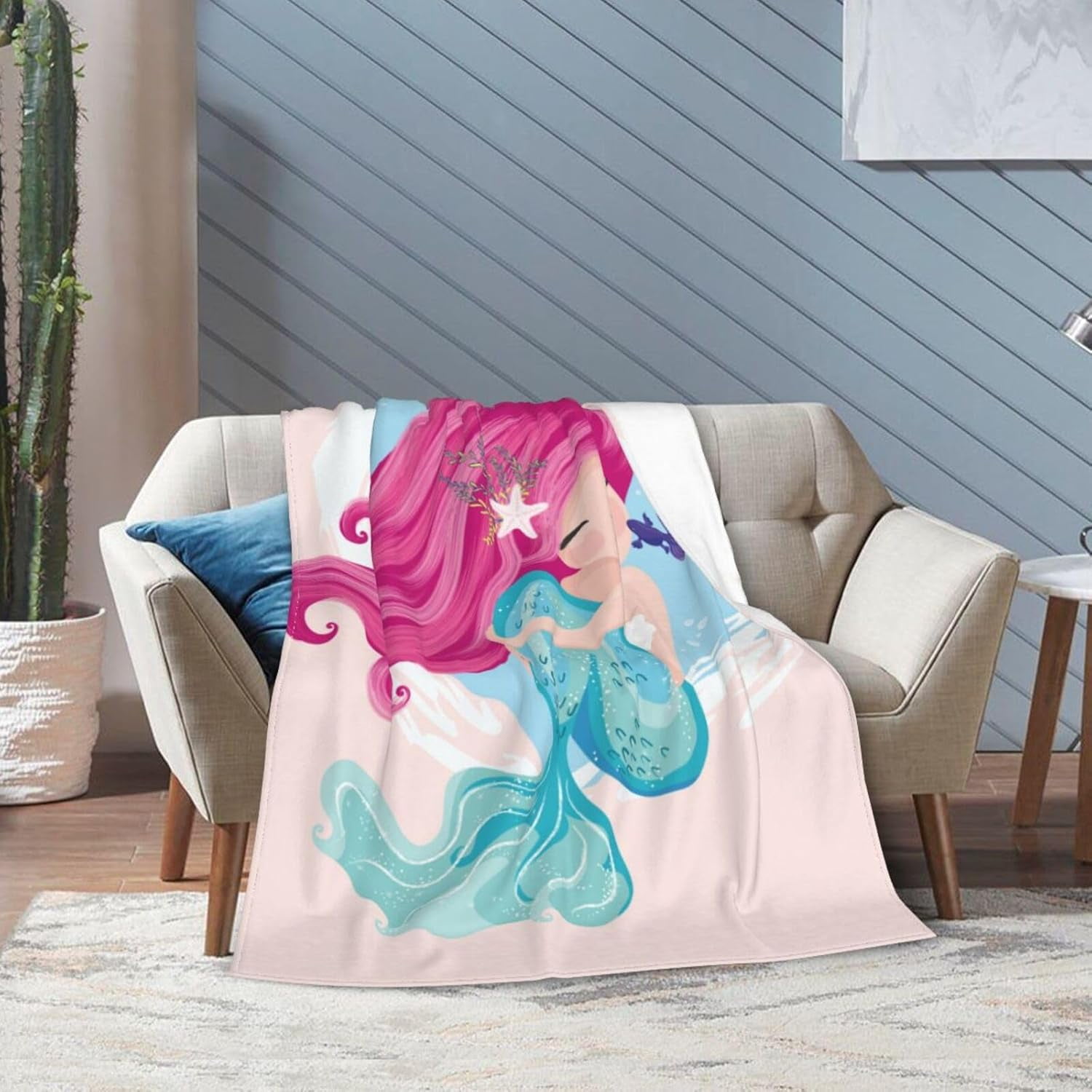 Cute Mermaid Girl Bed Blanket Ultra Soft Throw Blanket All Season Warm Light Weight Cozy Plush Blankets for Home Bedroom Sofa Chair Travel, 60"X80"