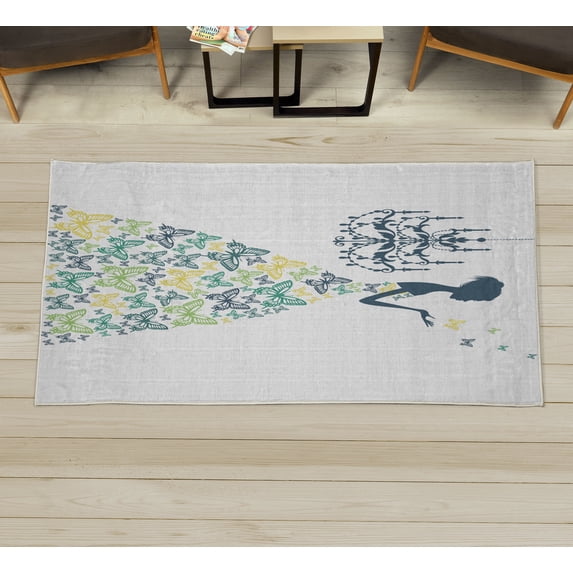 Vintage Decorative Rug, Love Country Wedding Themed Romantic Butterflies Cartoon Retro Parisienne, Quality Carpet for Bedroom Dorm and Living Room, 6 Sizes, Pastel Yellow, by Ambesonne