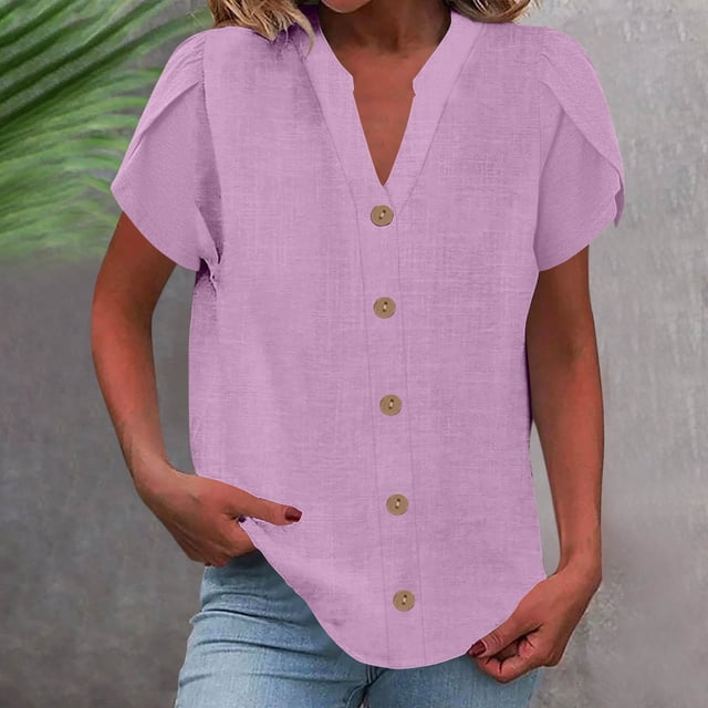 asjyhkr Womens Ruffle Short Sleeve Shirts Button down Linen Cotton Summer Casual Tops Solid Color
