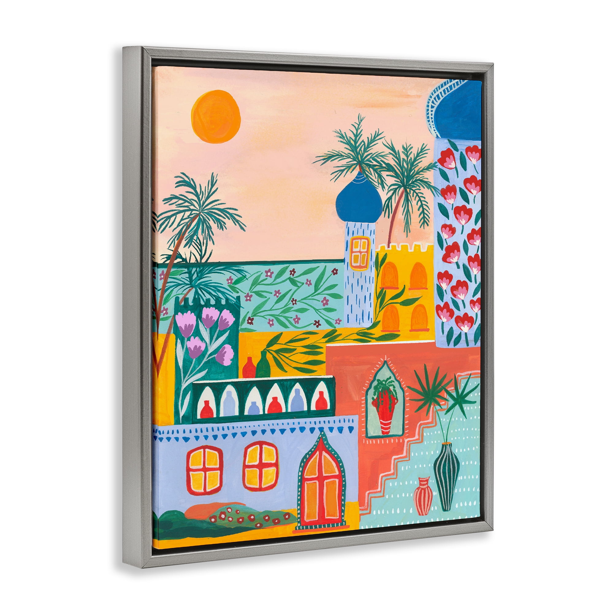 Egyptian City Architecture Gray Framed Floater Canvas Wall Art, design by Nabeela Rumi