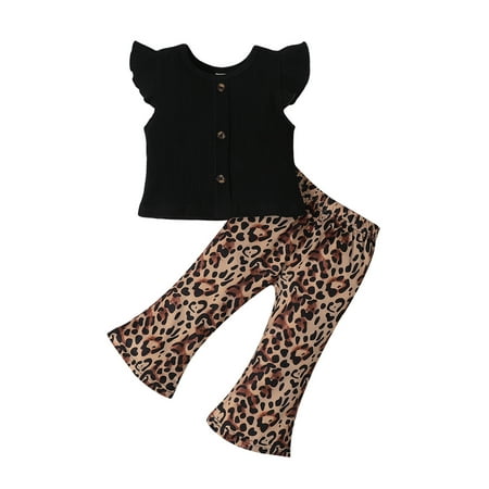 

IZhansean Newborn Baby Girls Summer Outfits Fly Sleeve T-shirt Tops + Leopard Printed Pants Set Black 12-18 Months
