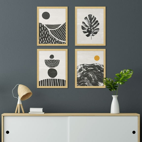 PixonSign Framed Wall Art Mid-Century Duotone Monstera Leaf Prints, Set of 4 Plant Landscape Wall Decor Arts, Nature Wall Décor, Adhesive Canvas Poster, Modern Home Artwork - 11"x14" Natural