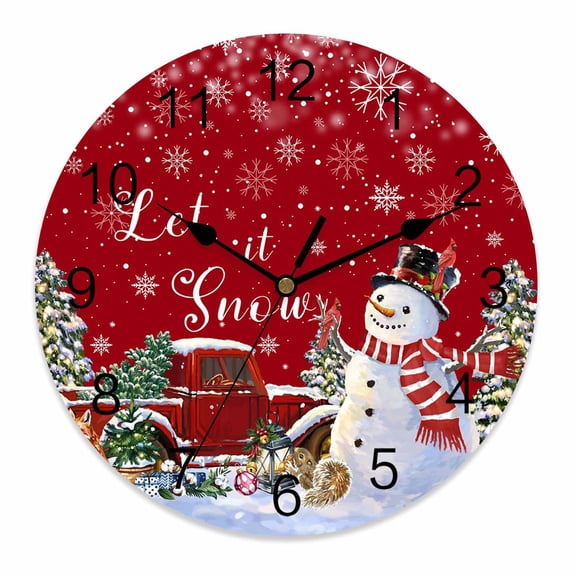 Wall Clock 12 Inch Christmas Snowman Round Silent Decorative Wall Clocks Battery Operated for Living Room Bedroom Kitchen Classroom Decor, Red Farm Truck Xmas Tree Snowflake,Large