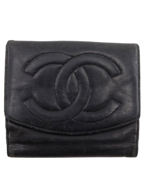 Pre-Owned Chanel Coco Mark Bi-fold Wallet, Lambskin, Black, Snap Button, Women's