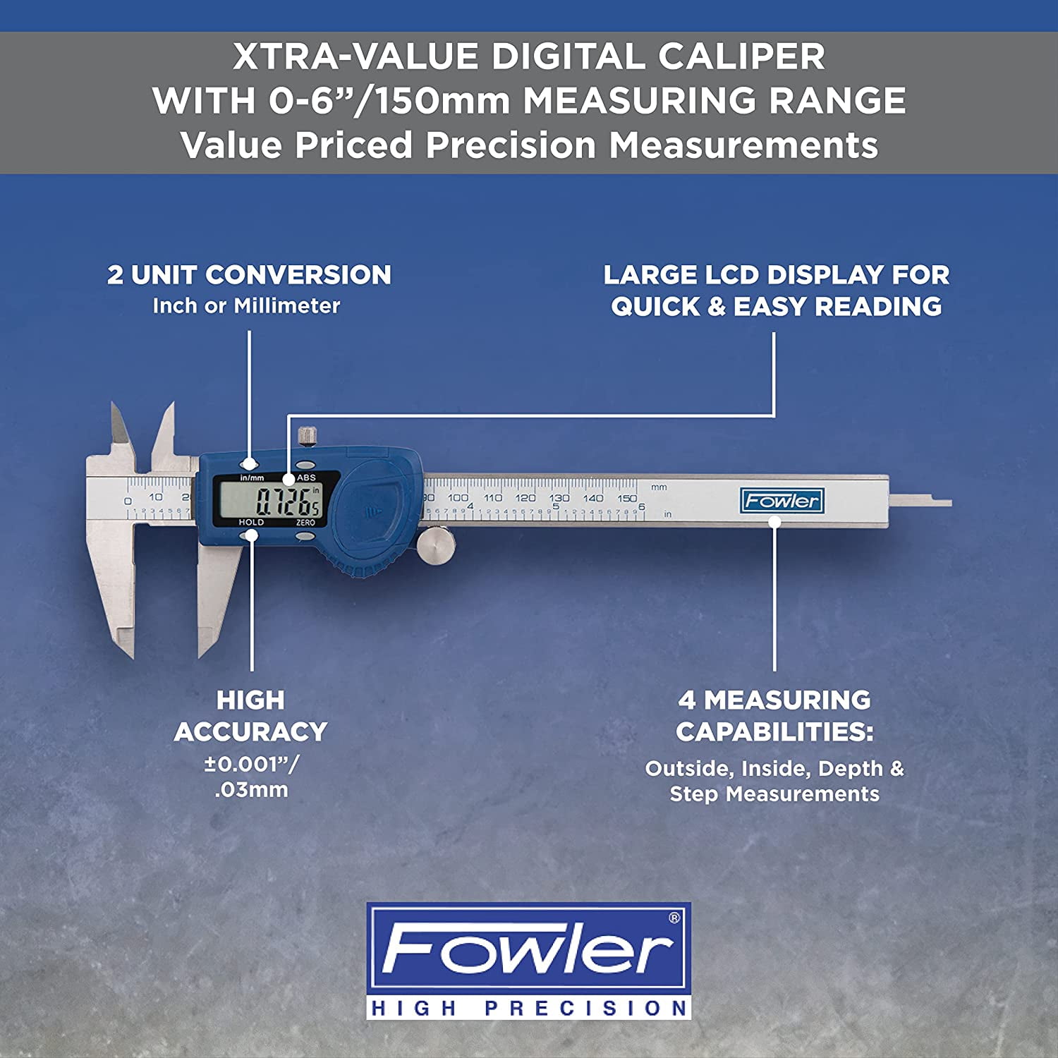 54-101-150-2, Xtra-Value Cal Digital Caliper With 0-6"/150MM Measuring Range,Blue