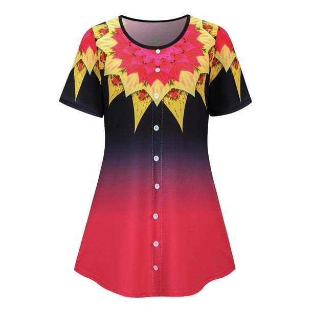 Botón simulado de talla grande OMBRE FLOR FLOWS MANERA CORTA TEE Rosegal Camisetas tallas grandes