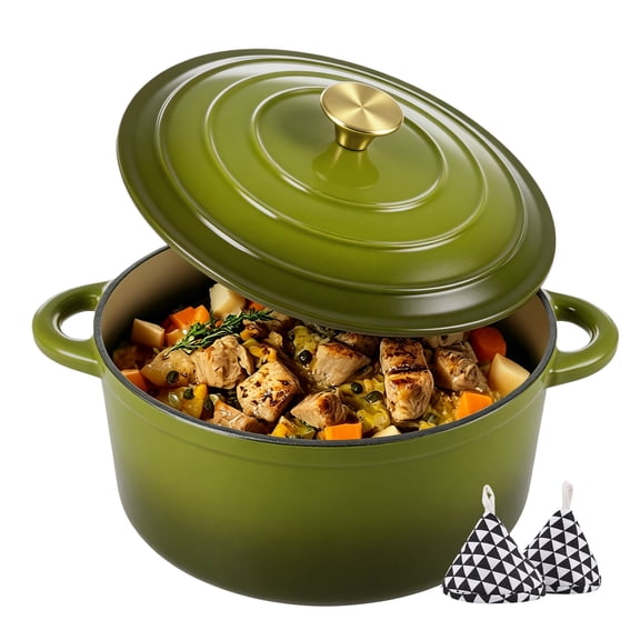 Hawsaiy 6 QT Enameled Cast Iron Dutch Oven with Lid, Pink, Includes 2 Oven Mitts, Nonstick Cookware for Baking, Roasting, Braising, Vintage Green