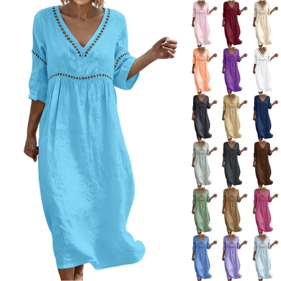 Summer Maxi Dresses for Women 2026 Plus Size V-Neck 3/4 Sleeve Boho Summer Casual Loose Tent Dress Beach Vacation Outfits