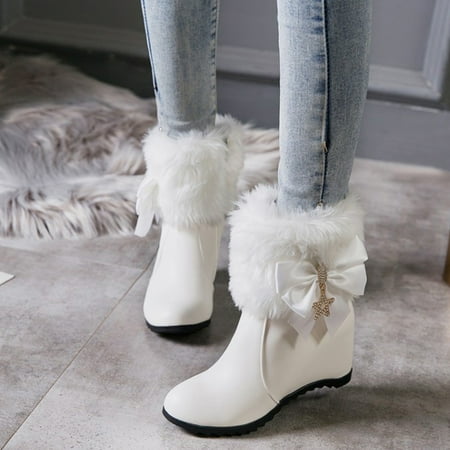

Wefuesd Ladies Fashion Leather Bow Rhinestone Decorative Side Zipper Inside High Wedge Heel Short Cotton Boots Boots For Women Womens Boots White 42