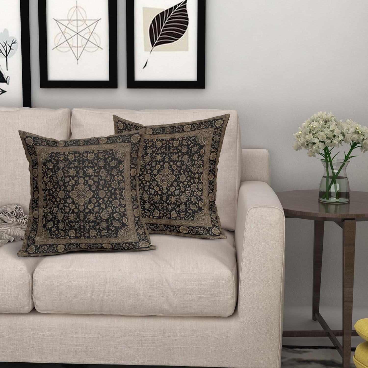 Aportt Antique Persian Tabriz Rug Print Pillow Covers - Set Of 2, 20x20 Inches, Cotton Linen Blend, Hidden Zipper, Decorative For Sofa & Bed
