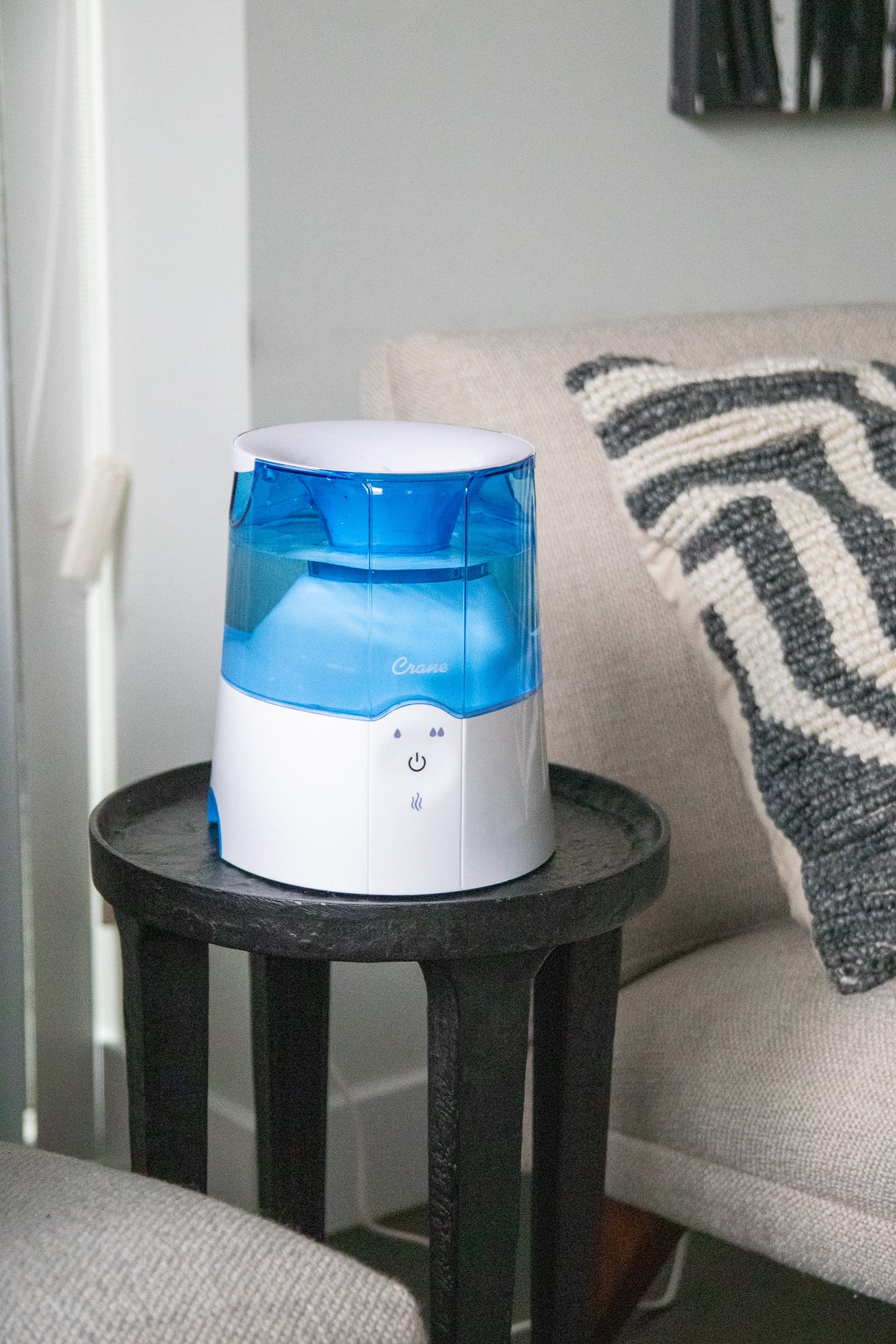 Crane 0.5 Gal. Warm Mist Humidifier, 2 Speed Settings, Medicine Cup, 13 Hour Run Time, Blue/White
