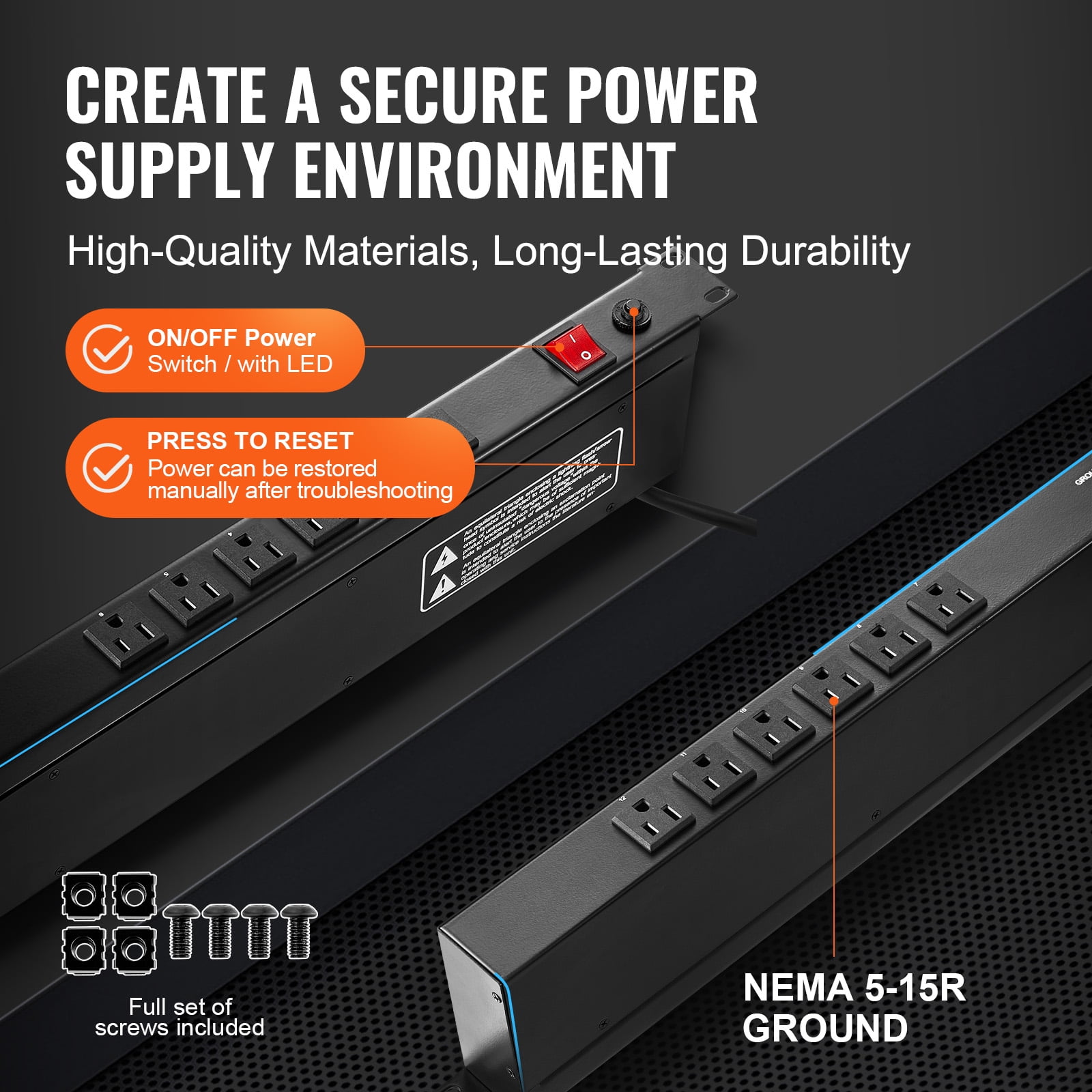 VEVOR 1U PDU, 12 Outlets, Rack Mount Power Strip Fits Standard 19" Server Racks, with Integrated Switch Surge Protection & Overload Protection, 110-125V/15A, Ideal for Home and Office