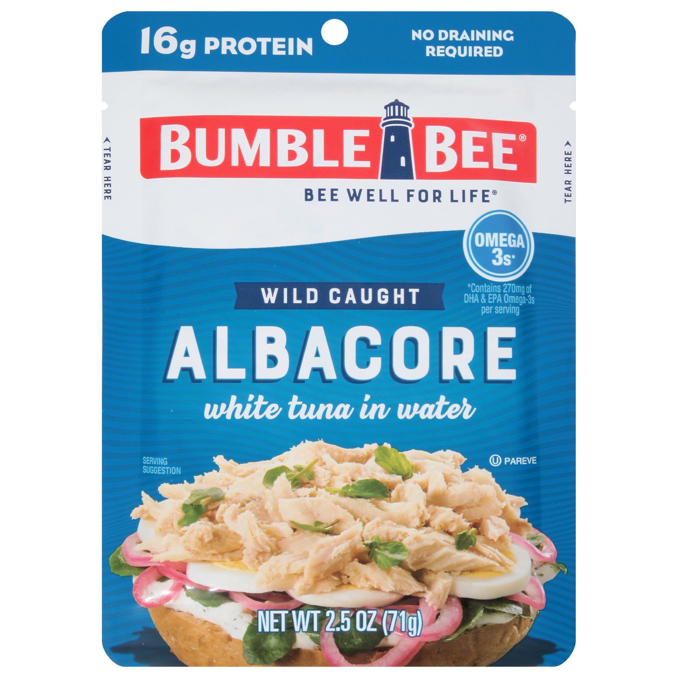 (2 pack) Bumble Bee Chunk White Albacore Tuna in Water, Wild Caught, Gluten Free, 16g Protein per Serving, Ready to Eat, Shelf Stable Pouch, 2.5 oz