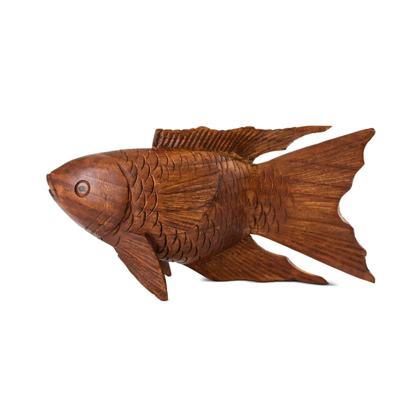 Wooden Hand Carved Koi Fish Statue Figurine Sculpture Art Home