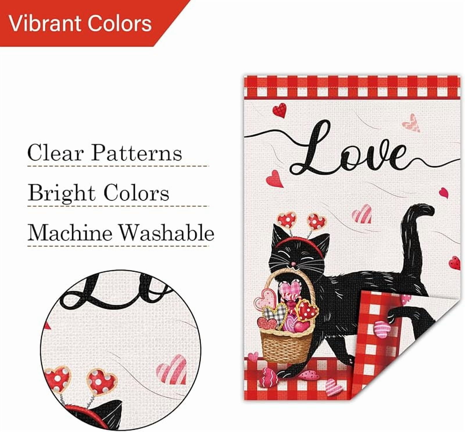 Valentines Day Garden Flag Double Sided, Small Burlap Welcome Black Cat Spring Garden Yard Flags Love Heart for Anniversary Wedding Valentines House Outdoor Decor (ONLY FLAG)