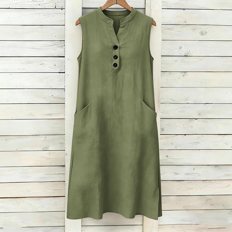 Aohooy Women Sleeveless Gauze Dress Cotton Linen Knee Length Button Front Casual Sun Dresses V Neck Button Summer Tunic Dress 2026 Army Green,XXL