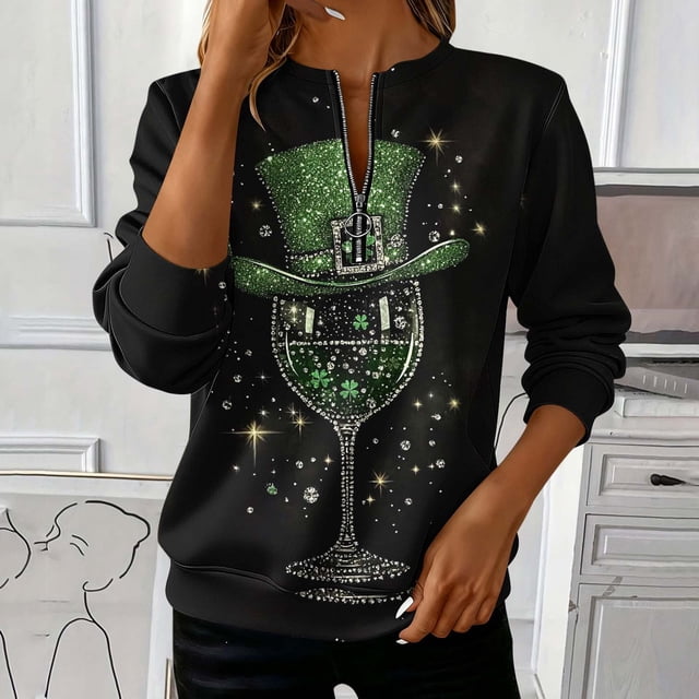 TaTaai Women St. Patrick's Day Print Long Sleeve Sweatshirt Fashion Loose Round Neck Casual Top Soft Comfortable for Daily Home Office Streetwear Gift