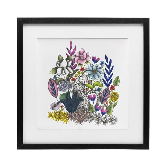 Leopard in Midst of Flowers Black Framed Print Under Glass, design by Cecilia Battaini