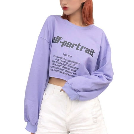 Fashion Casual Long Sleeve Crop Tops Round Neck Letter Print Loose Pullover  Top for Women 