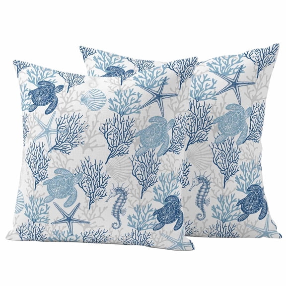 Navy Blue Grey Coastal Outdoor Pillow Covers,Waterproof Decorative Throw Pillowcases Set of 2,Sea Turtle Nautical Coral Summer Beach Couch Cushion Cases with Zipper for Outside Patio Sofa 20"x20"