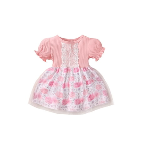

Calsunbaby Baby Girls Sweet Style Princess Dress Toddlers Floral Print Puff Short Sleeve Lace Splicing Round Collar Mesh Skirt