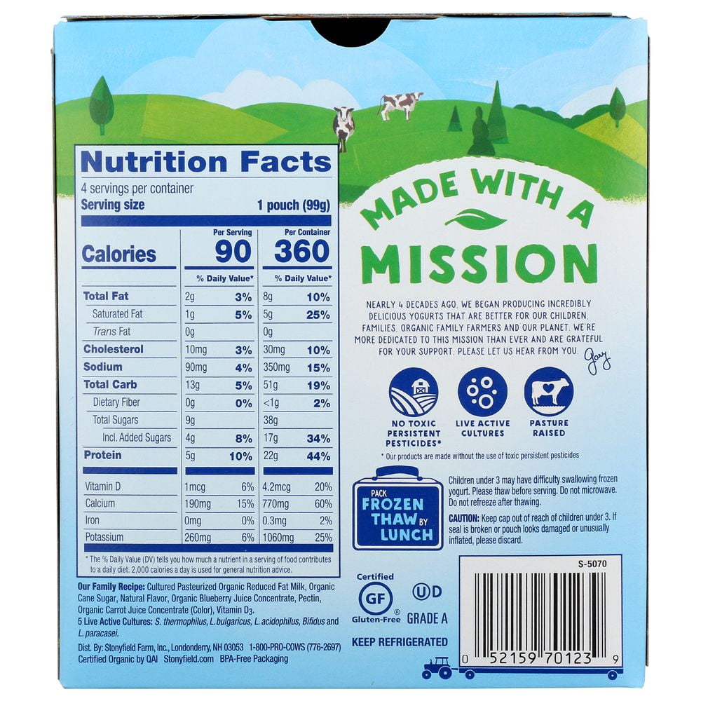 Stonyfield Yokids Organic Blueberry Low Fat Yogurt, 3.5 Ounce Pouch -- 24 per Case.