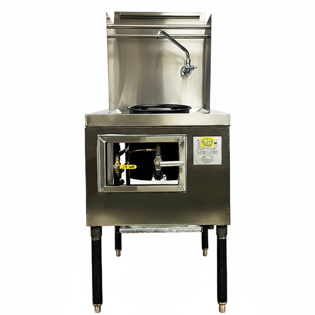 NSF 1-Hole Chinese Wok Range, 13" Ring, Natural Gas, Heavy-Duty Stainless Steel, Water-Cooled Backsplash, Made in USA