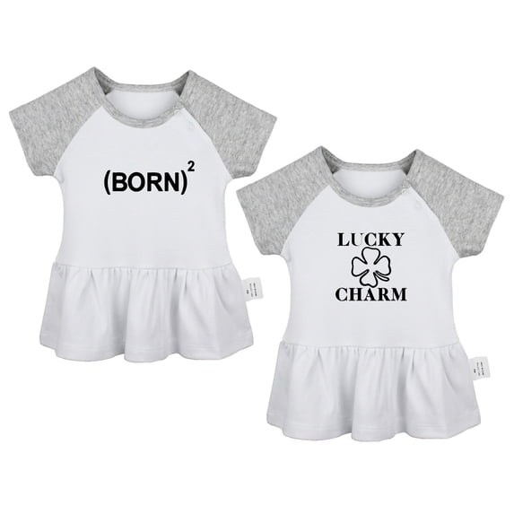 Pack of 2, Lucky Charm & Born Again 2 Funny Dresses For Baby, Newborn Babies Skirts, Infant Princess Dress, Toddler Frocks (Gray Raglan Dresses, 6-12 Months)