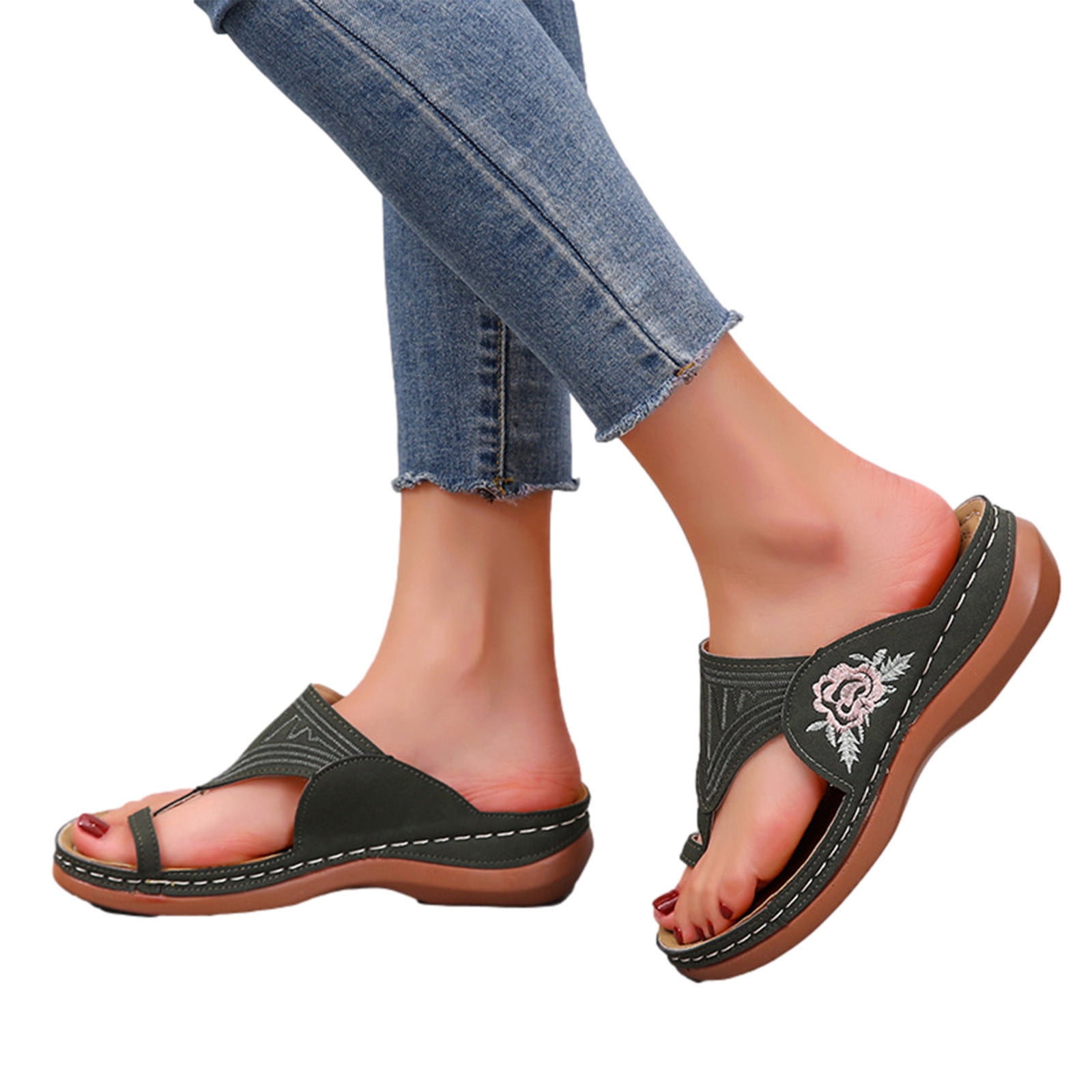 PU Leather Flat Sandals for Womens Comfy Orthopedic Bunion Corrector Sandal Casual Soft Ring Toe