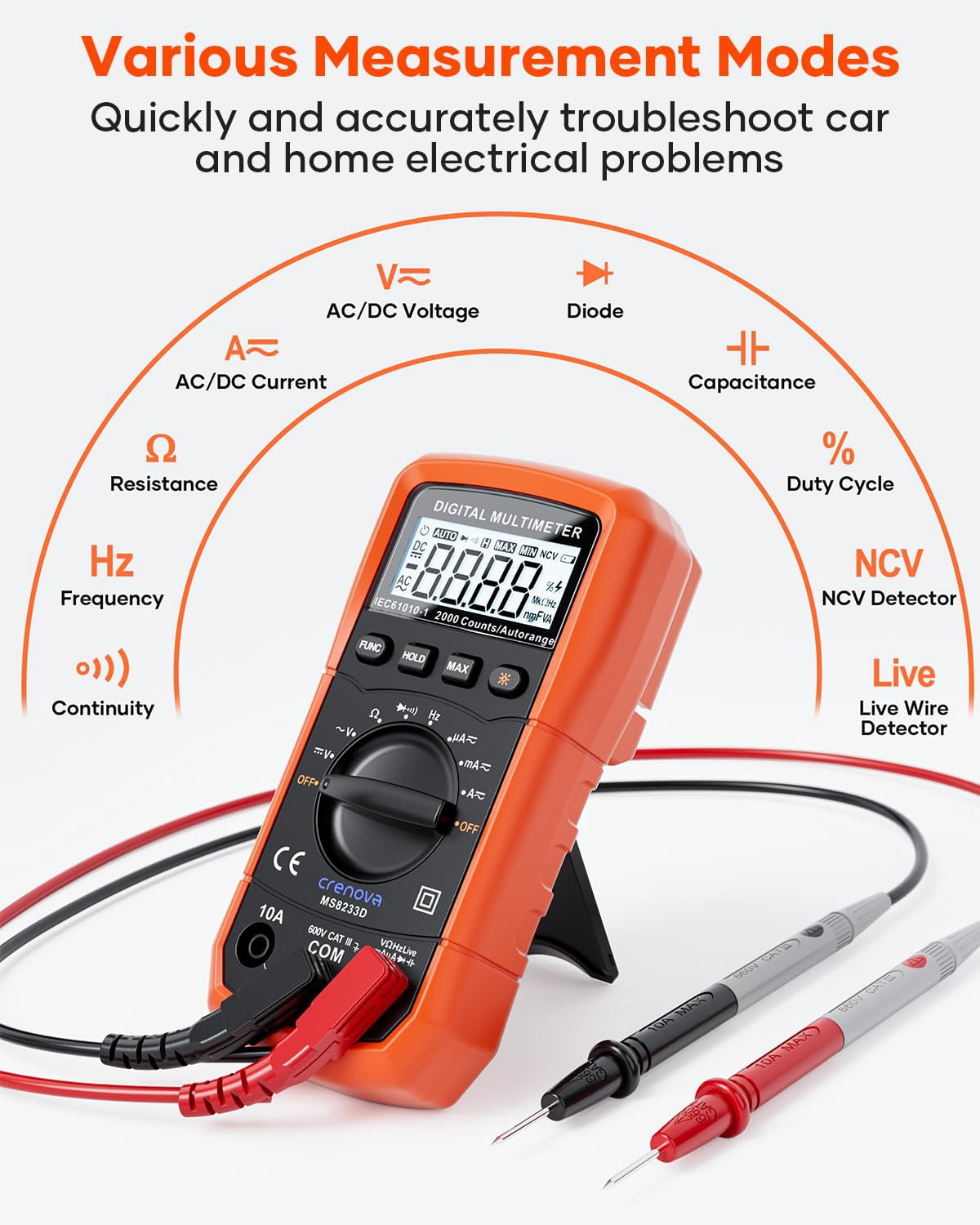 Digital Multimeter, 6000 Counts Auto-Ranging Tester, NCV Detection, Measures Voltage Current Resistance Capacitance Frequency
