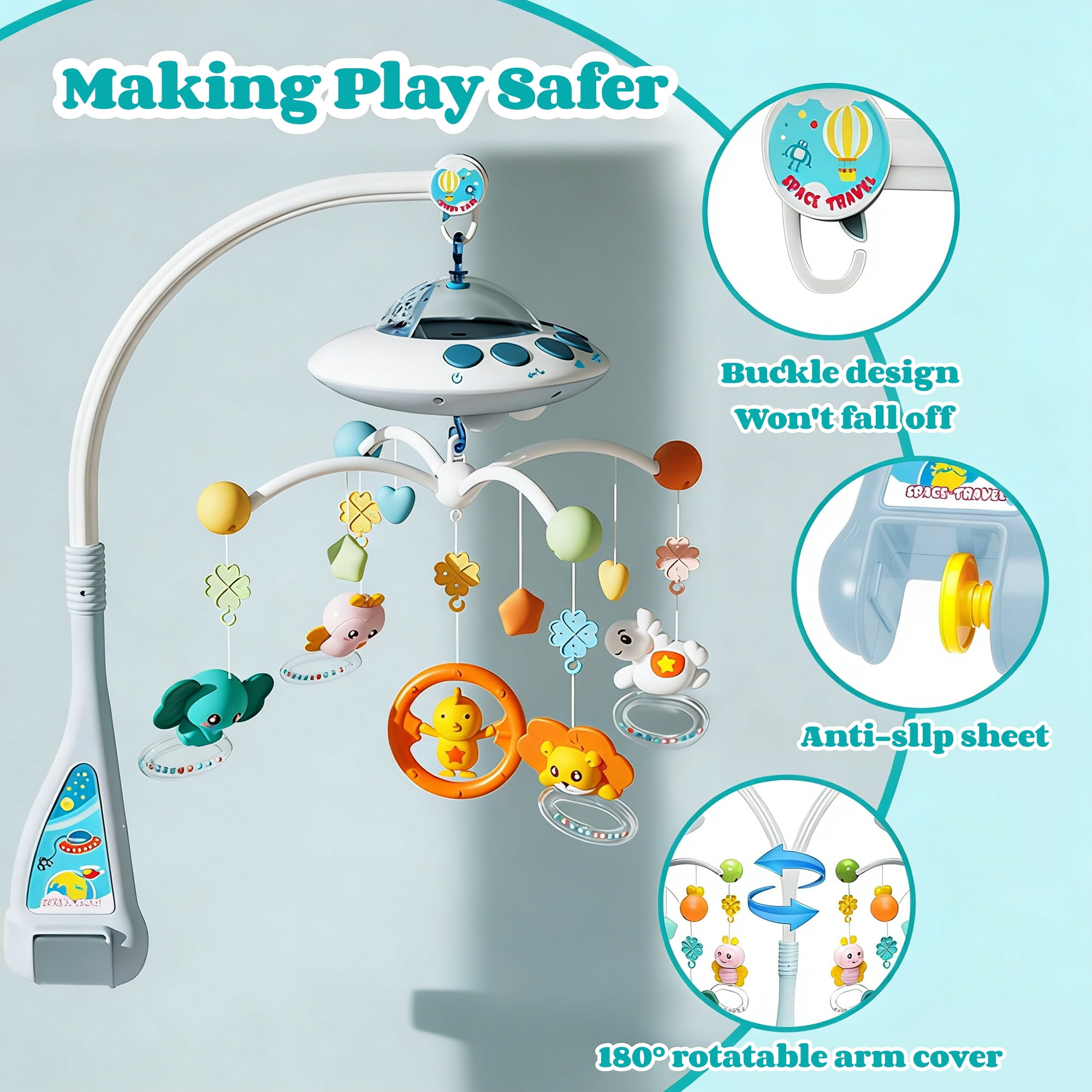 FVLOENG Musical Baby Crib Mobile with Lights and Rotating Figures, Decorative Hanging Toy