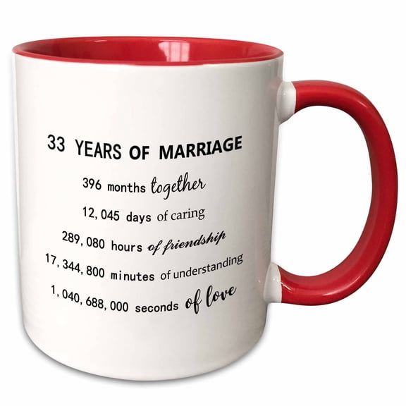 3drose, 33 Years of Marriage 33rd Wedding Anniversary in Months Days Hours, 11oz Two-tone Red Mug