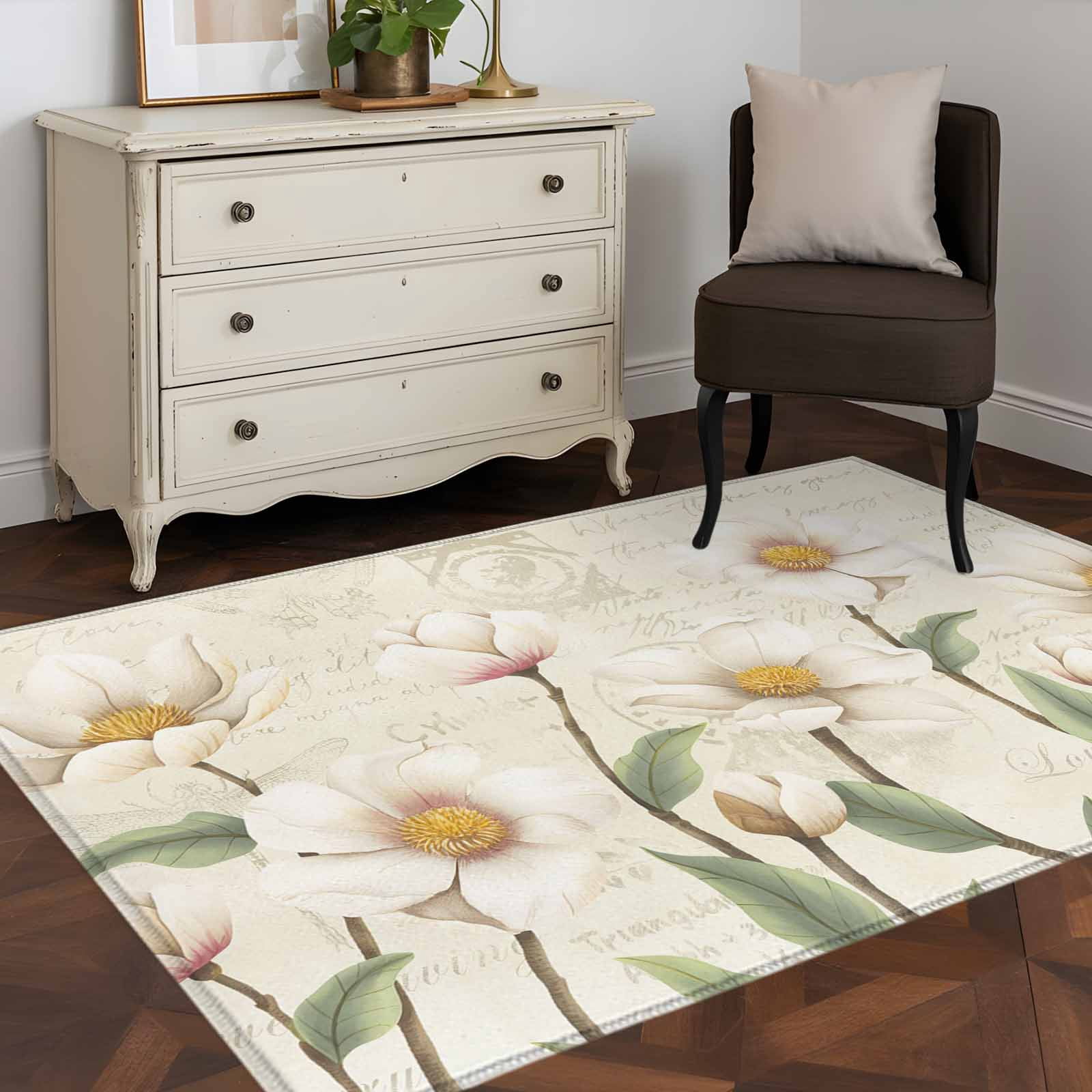 White Floral Area Rugs 4'x6', Washable Small Throw Rugs for Office Bathroom, Spring Country Vintage Flower Leaf Plant Indoor Outdoor Rug Non-Slip Low Pile Carpet Runner Reversible Floor Mats