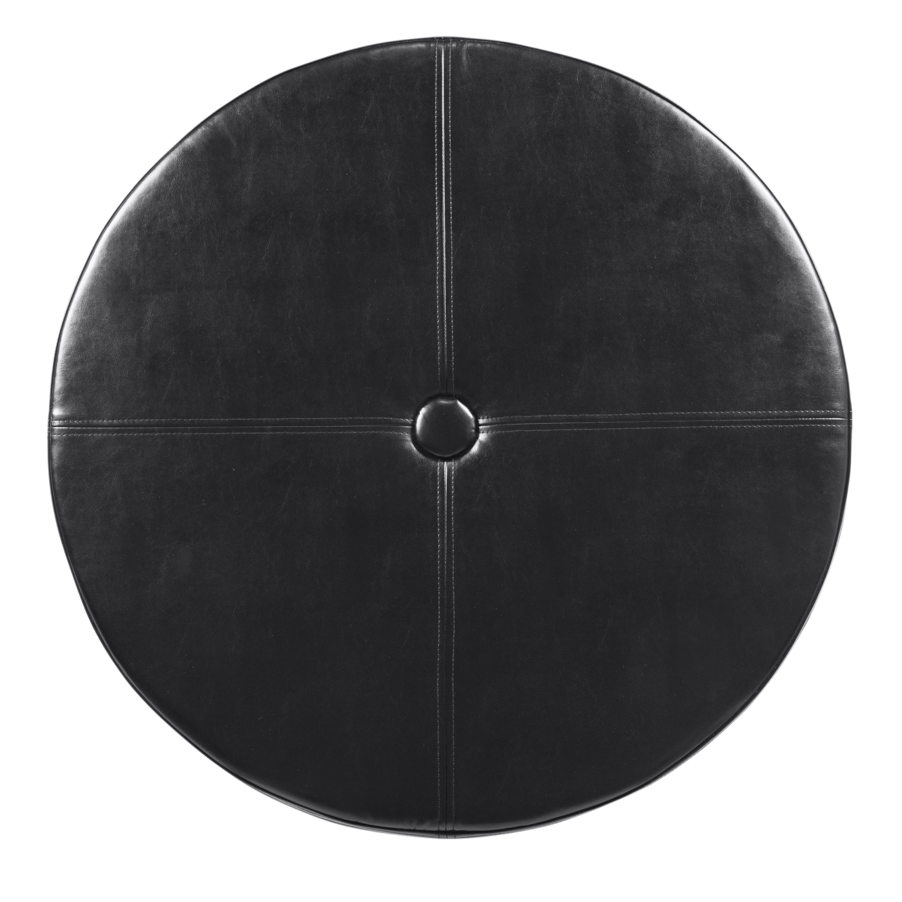 Leatherette Single Button Tufted Round Ottoman with Wooden Feet Large Black and Brown - Saltoro Sherpi
