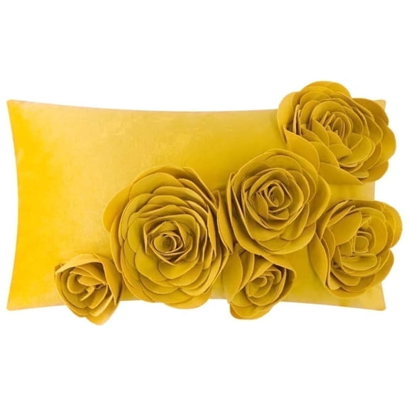 JWH 3D Yellow Rose Flower Throw Pillow Covers Soft Velvet Fabric Cushion Cover for Sofa Bedding Decor 12x20inch
