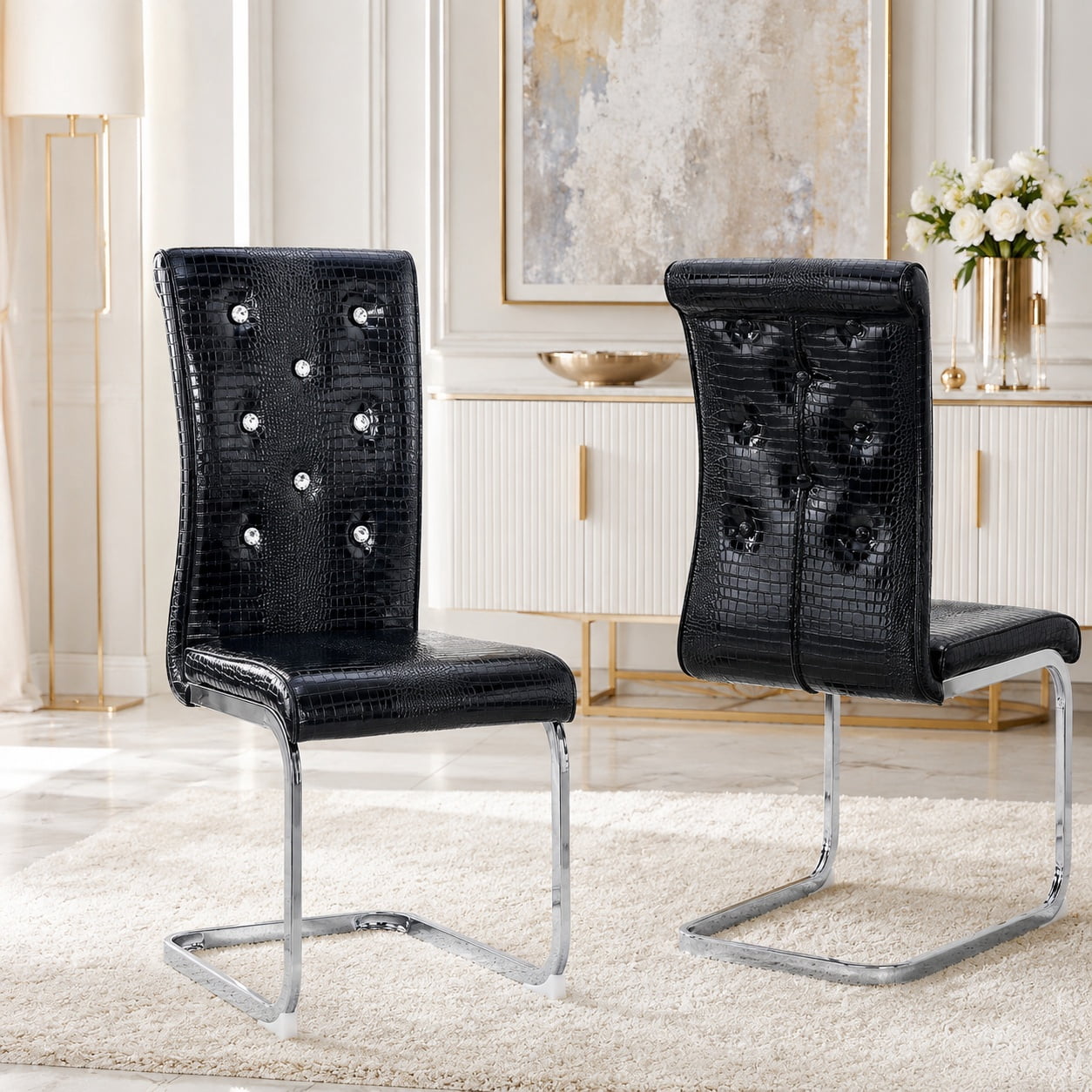 Aukfa Modern Dining Chairs Set of 2 , 400 lbs Heavy-Duty Faux Alligator Leather Kitchen Chairs with Crystal Button Tufted High Back,Black