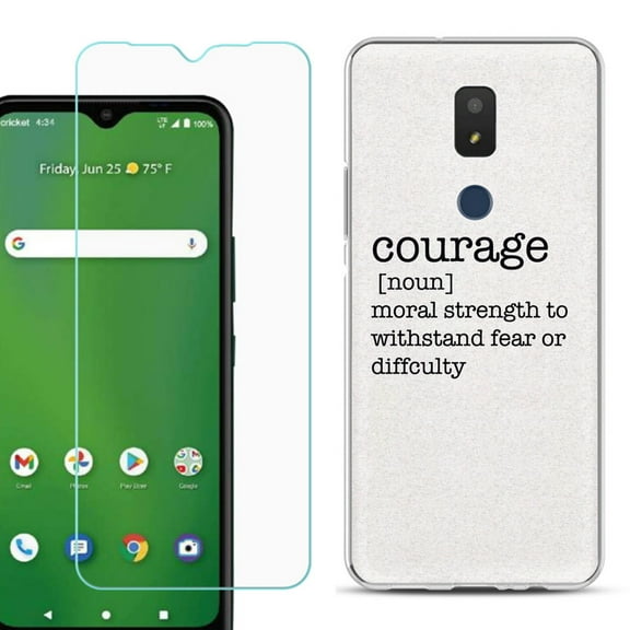 Slim-Fit TPU Fashion Phone Case for Cricket Icon 3, with Tempered Glass Screen Protector, by OneToughShield ® - Dictionary/Courage