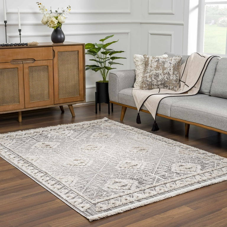 Hauteloom Agoo Farmhouse Living Room Bedroom Modern Moroccan Medallion Area  Rug - Soft Shaggy High Low Carpet - High Pile - Bohemian, Boho - Gray,