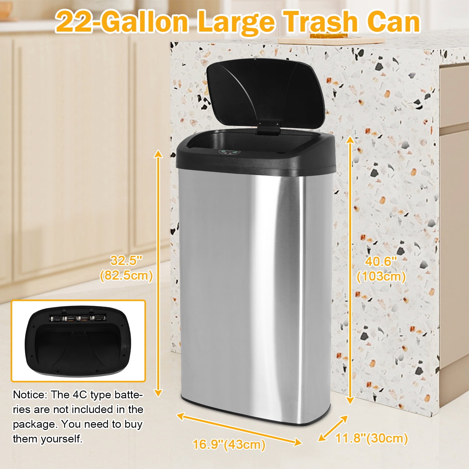 Automatic Trash can 22 Gallons Garbage Can Large Kitchen Trash Can  Stainless Steel   Trash can with Lid for Kitchen, Home, Office, Silver