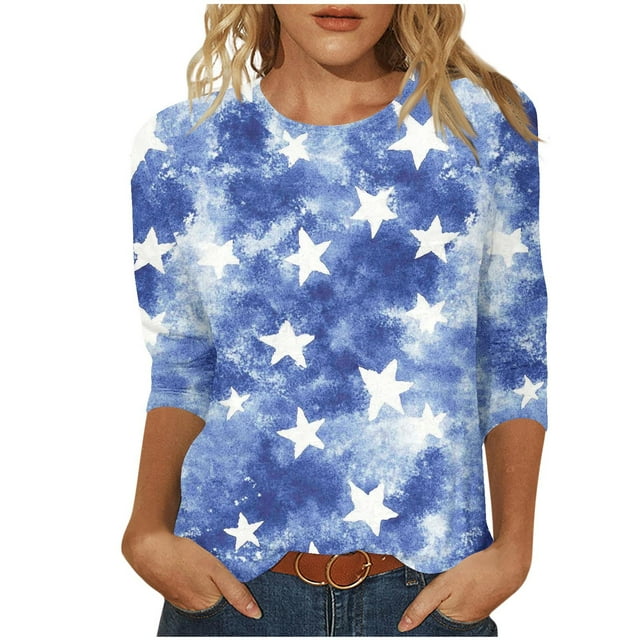KIHOUT Blouse Imprimée pour Femme Fête de l'Indépendance Manches 3/4 Col Rond Ample Chandail à la Mode Hauts Bleu m