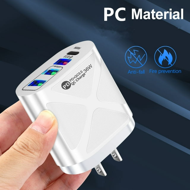 Cargador de pared rápido para teléfono de carga rápida 36W PD USB-C QC3.0 Adaptador de carga rápida doble 4 enchufes
