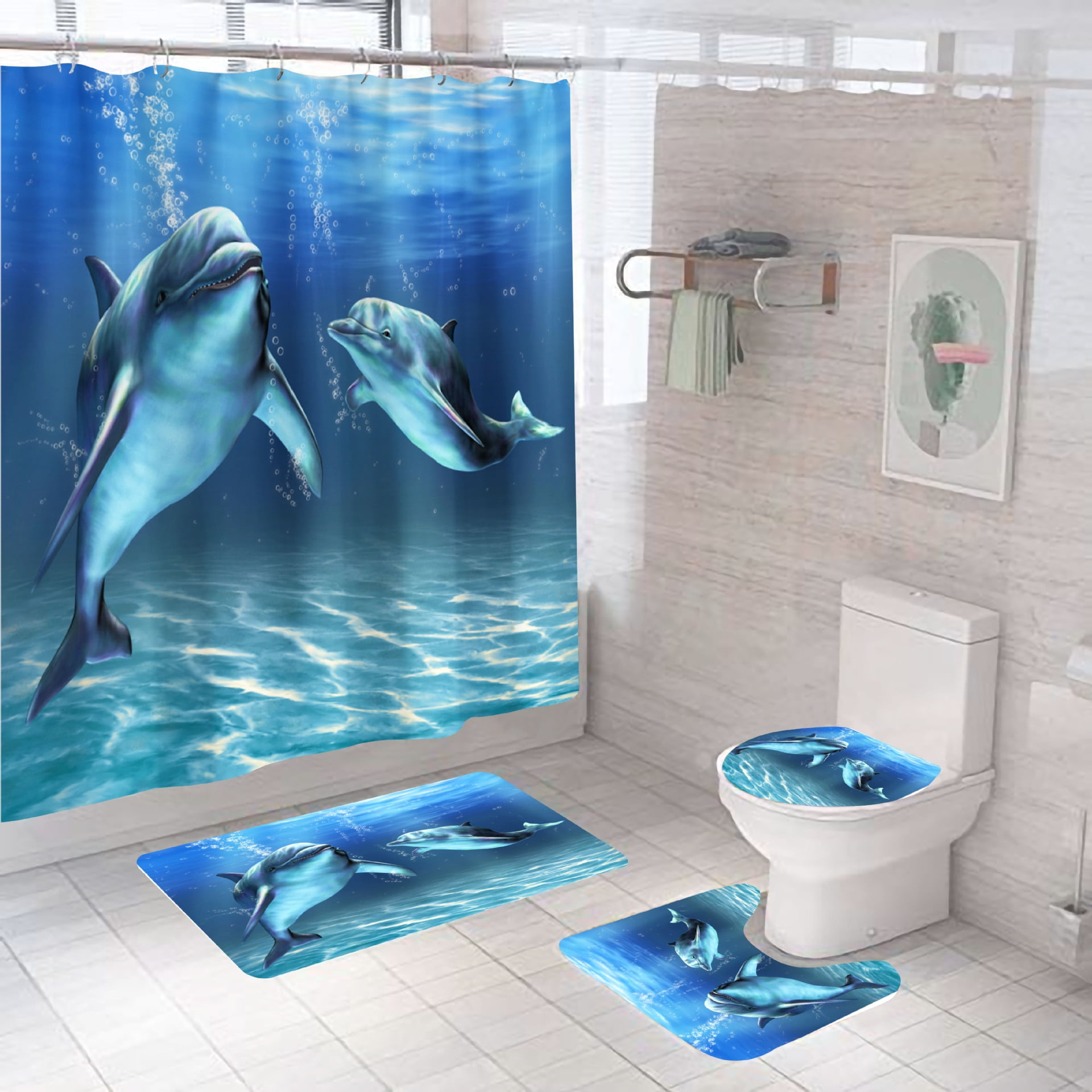 Dolphin Sea Waterproof Shower Curtain Bathroom Floor Mat Toilet Set 12 Hooks 