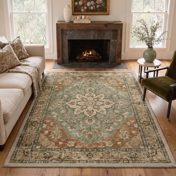 GENIMO 8'x10' Area Rug for Living Room, Large Machine Washable Non Slip Low Pile Rug for Bedroom Dining Room, Vintage Persian Diamond, Earthy Sage